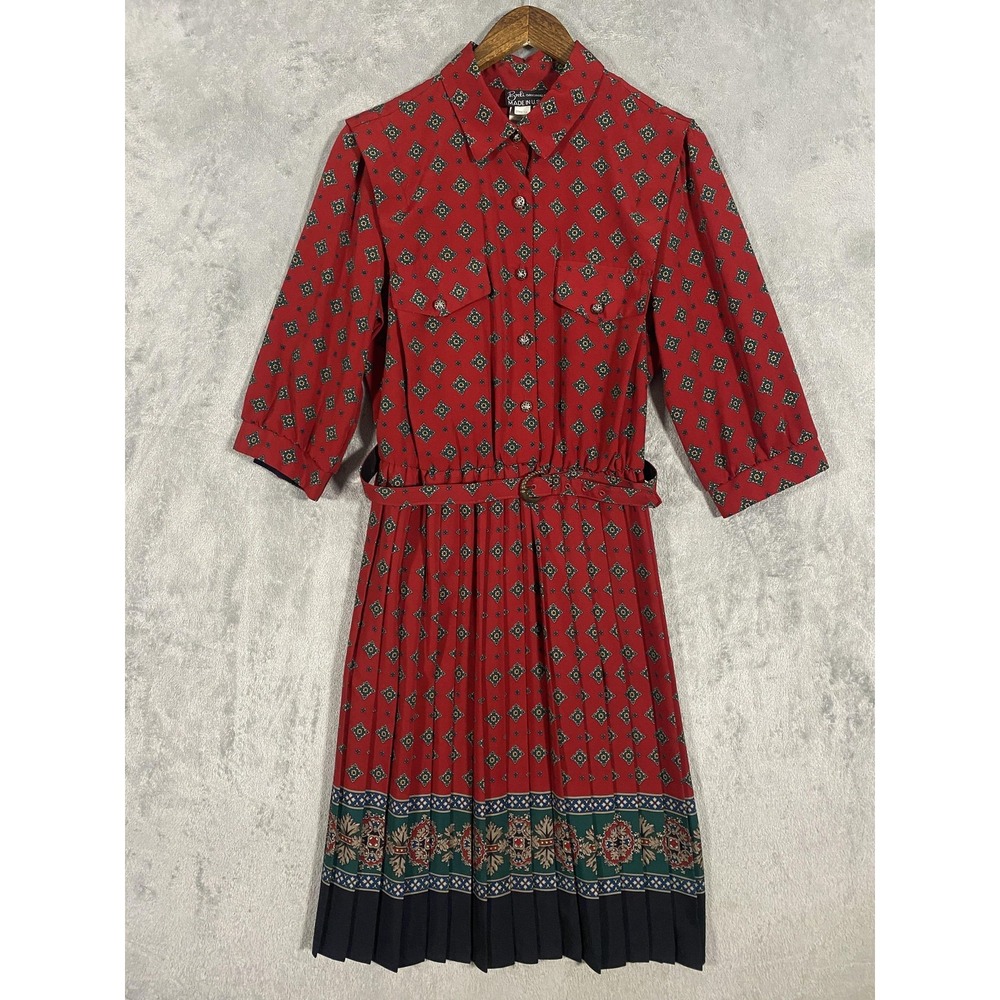 Vintage Breli‎ Originals Dress Sz 16 Red Geometric Pleated Belted 80s Secretary